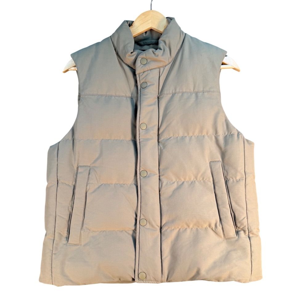 Uniqlo Puffer Vest Tan Khaki Quilted Snap Front Stand Collar XS